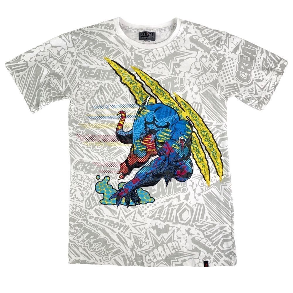 Vintage Streetwear Cerbae Comic Strip All Over Print T-Shirt Made In USA